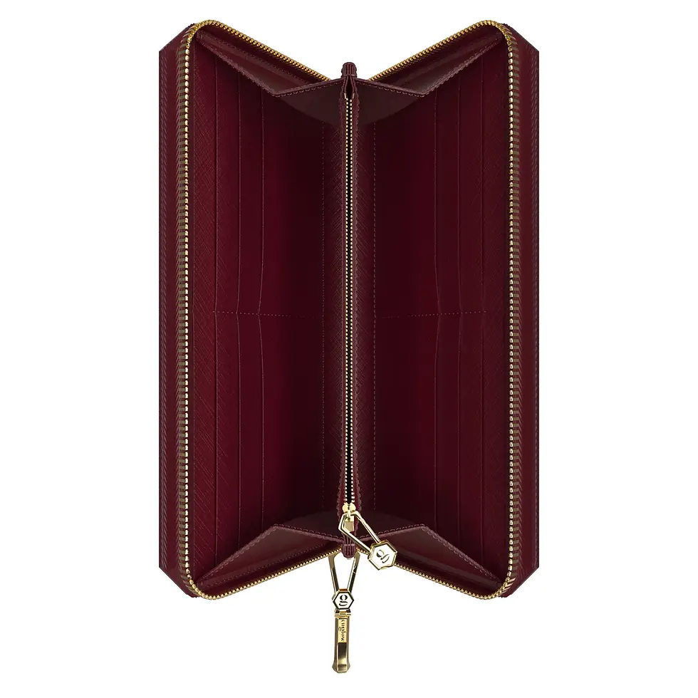 Thumbnail: Aura Continental Wallet - Burgundy, Yellow Gold with Columbian Emerald