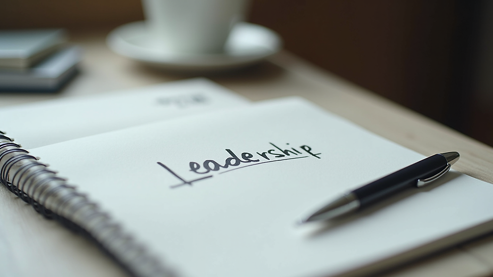 Close-up view of a notebook with leadership notes and a pen