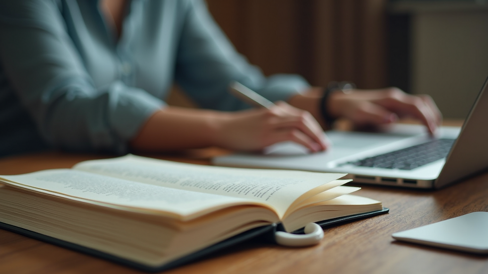 Close-up view of a person studying with books and a laptop