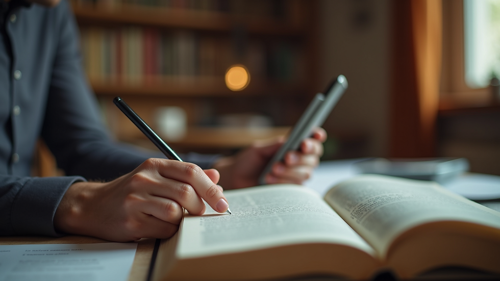 Eye-level view of a person reading a book on personal development