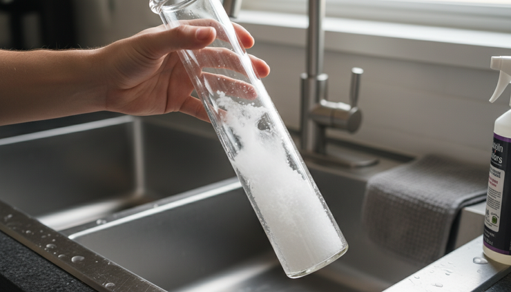 Eye-level view of a glass bong being shaken with cleaning solution inside