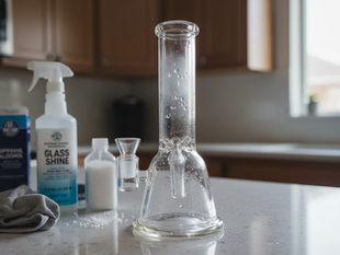 Using a magnetic glass cleaner tool to scrub interior glass haze and residue off a glass bong..