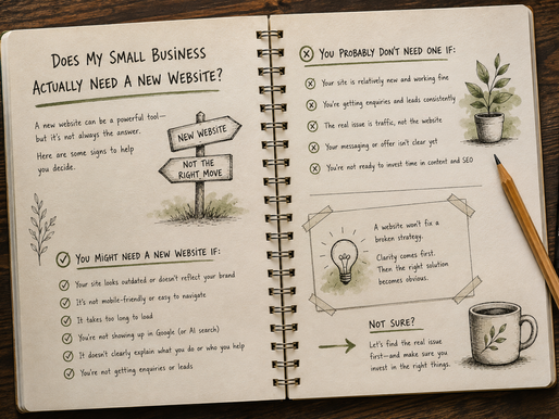 Open sketchbook illustrating signs a small business may or may not need a new website, with hand-drawn notes, plants and pencils.