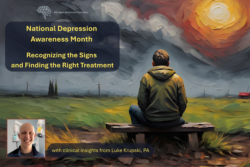 Oil painting of a man sitting on a bench staring out at a field, with copy announcing depression awareness month and clinical insights from Luke Krupski, PA