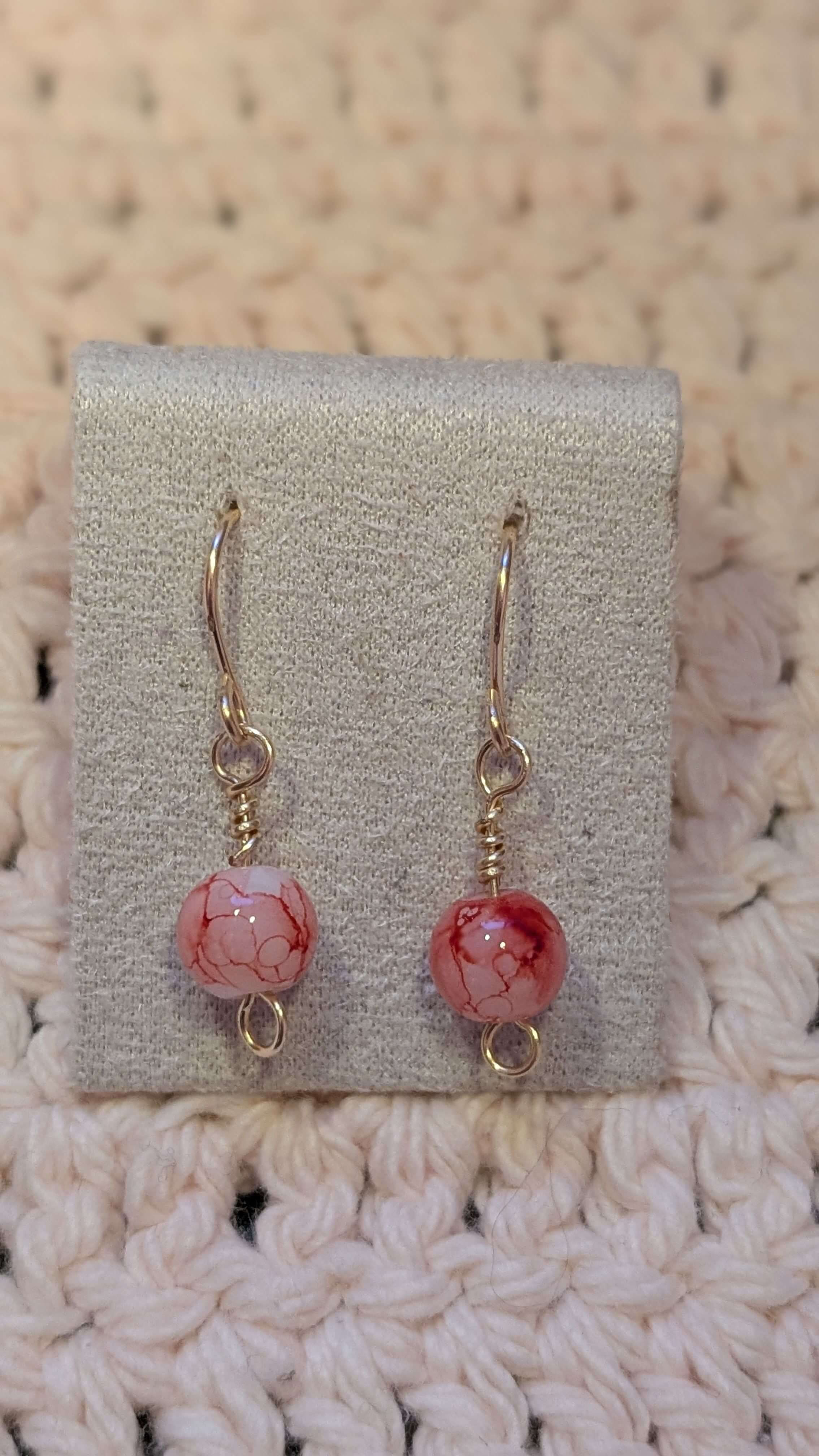 pink glass bead rosary knot dangling earrings handmade
