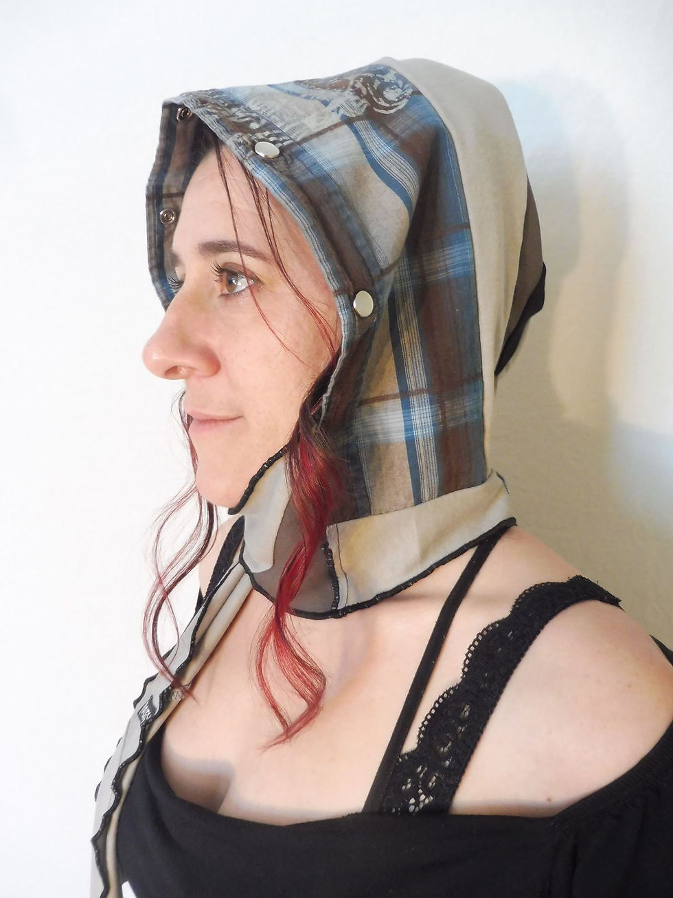 Miniature : Capuchon foulard carrelé gris et bleu