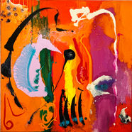 Abstract oil painting with orange, yellow, pink and bold brushstrokes on wood