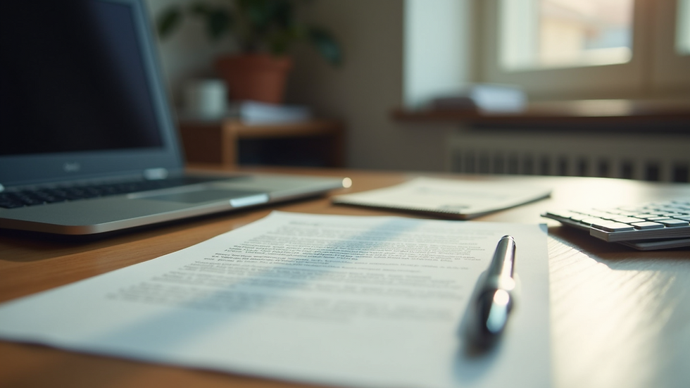 Eye-level view of a desk with a typed cover letter and pen