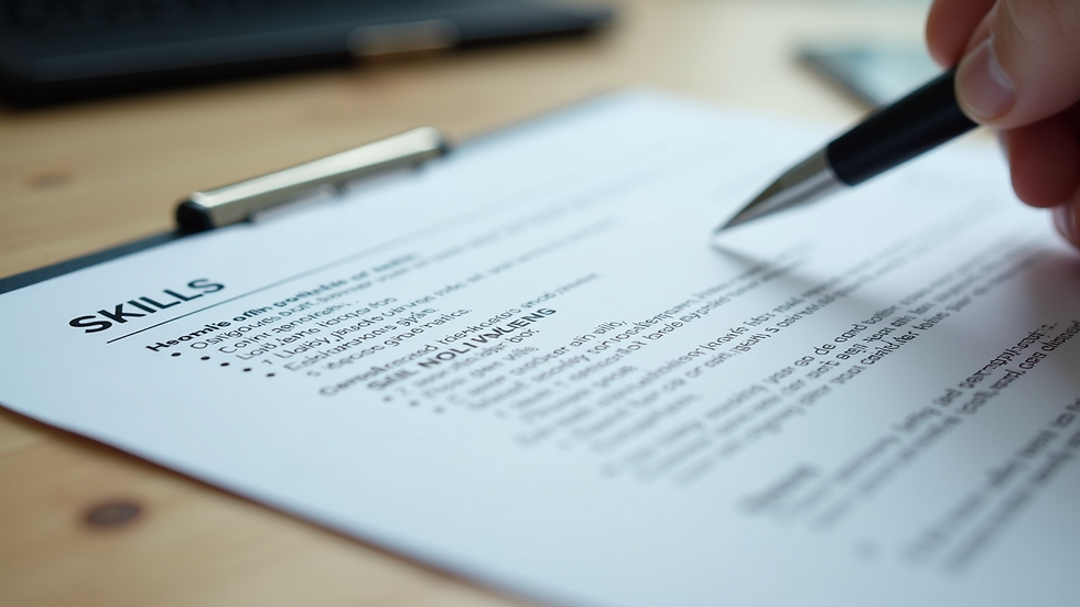 Close-up view of a resume with highlighted skills section