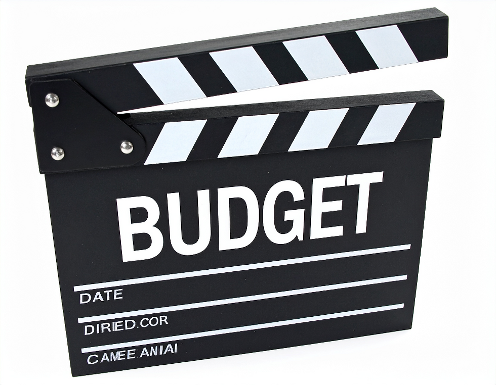 Eine Filmklappe mit dem Text Budget