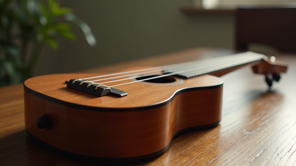 Close-up view of a classic soprano ukulele on a wooden table