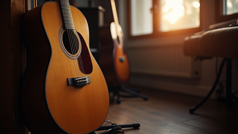 Eye-level view of a guitar resting against a music stand