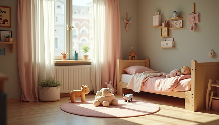 Eye-level view of a child’s bedroom with toys and books scattered around, showing a screen-free environment