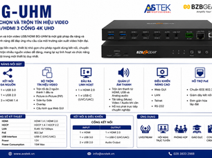 nfographic BG-UHM USB/HDMI Video Mixer của BZBGEAR giới thiệu bộ chọn và trộn tín hiệu video 4K UHD với khả năng kết nối đa nguồn, PiP, Side-by-Side, đầu ra HDMI và USB-C, hỗ trợ PoE, quản lý từ xa và ứng dụng cho phòng họp, livestream, giáo dục.