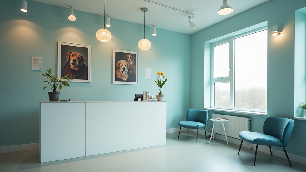 Close-up view of veterinary clinic reception area with pet care posters