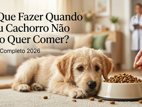 m cachorro fofo e realista (pode ser uma mistura de raças ou um cachorro de porte médio com pelagem clara) deitado no chão da cozinha ou sala, com uma expressão triste e desanimada, olhando para uma tigela de ração intocada à sua frente. A tigela está quase cheia, com alguns grãos de ração espalhados ao redor, transmitindo a ideia de falta de apetite.