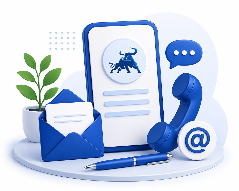 Contact us for expert advice on Loan Against Securities. 3D illustration featuring a smartphone with a bull logo, a telephone