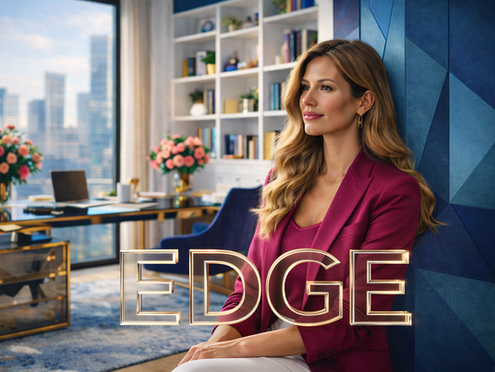 Professional woman founder in a modern office wearing a burgundy blazer, seated thoughtfully against a textured blue wall, representing leadership, boundaries, and burnout recovery for high-achieving entrepreneurs.