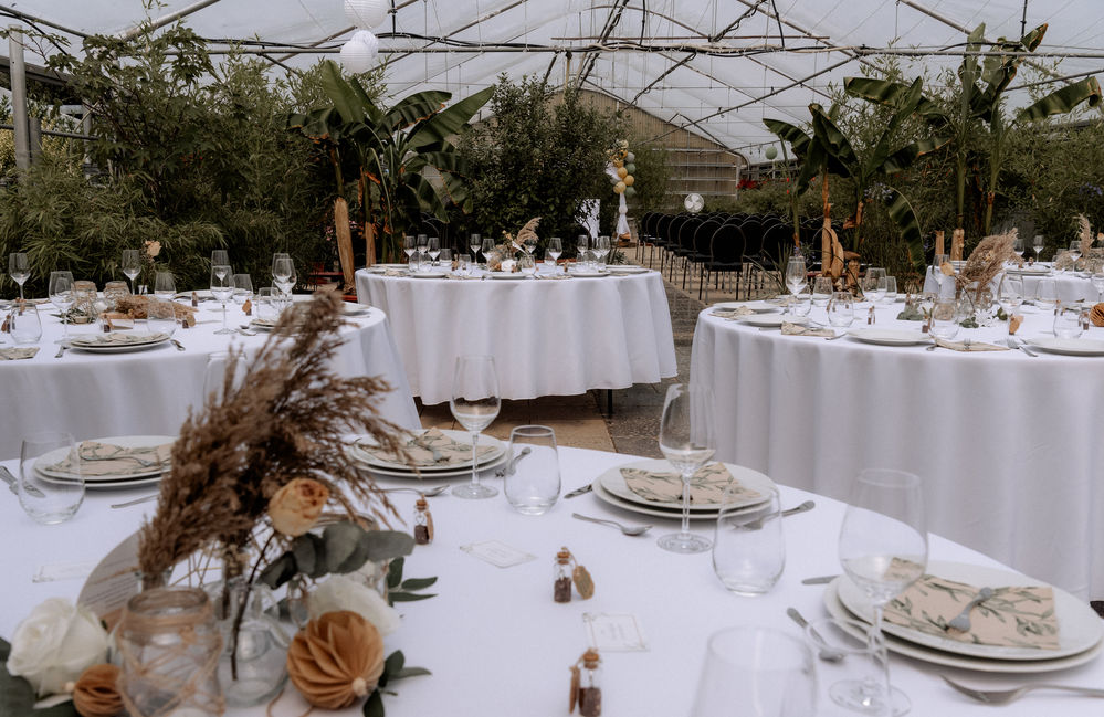 DIY Hochzeit, Freie Trauung Fürstenfeldbruck, gedeckte Tische für eine Hochzeit im Gewächshaus