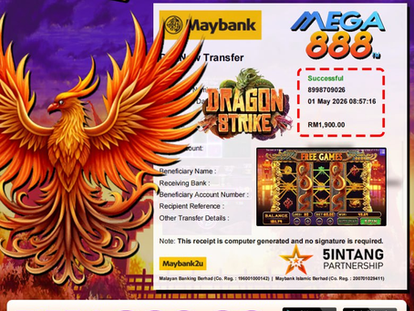 Player winning RM1900 from Dragon Strike game on Mega888 platform with phoenix-themed design and slot gameplay preview.