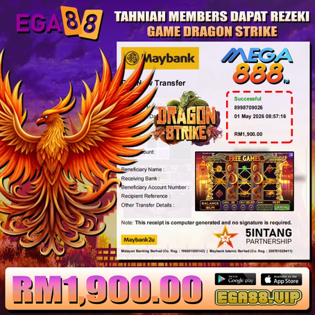 Player winning RM1900 from Dragon Strike game on Mega888 platform with phoenix-themed design and slot gameplay preview.