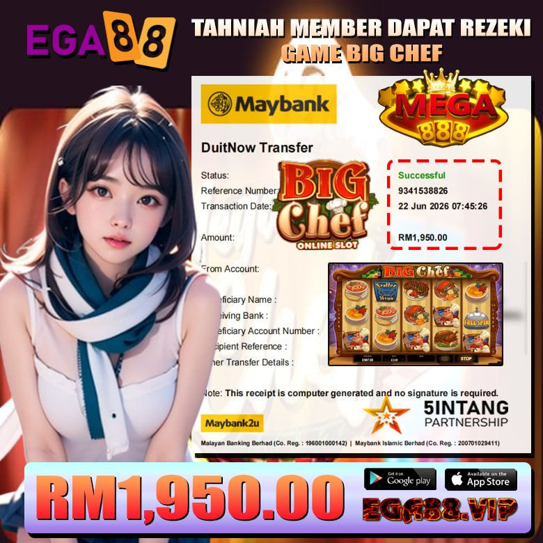 Big Chef slot game winner celebrates an RM1,950 win at EGA88 online gaming platform.