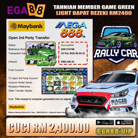 Bukti kemenangan RM2400 daripada permainan Green Light dengan paparan status berjaya dan visual slot bertema kereta lumba