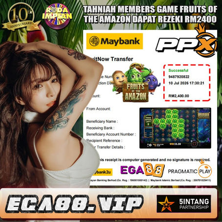 Player celebrates RM2400 reward from Fruits of the Amazon themed online game featuring Amazon rainforest visuals, colorful fruit symbols, and an engaging game interface.