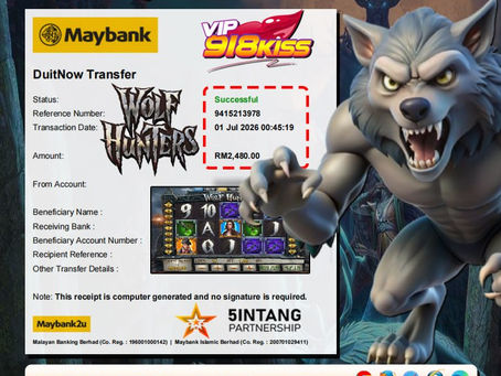 Wolf Hunters slot game player wins RM2,480 cashout with successful payout screenshot and wolf-themed gaming background.