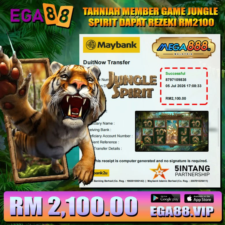 Jungle Spirit slot game winner celebrates an RM2,100 win at EGA88 online gaming platform.