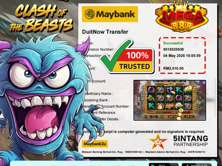 EGA88 Clash of the Beasts slot promotion showing RM2610 winnings with Mega888 trusted online casino gameplay