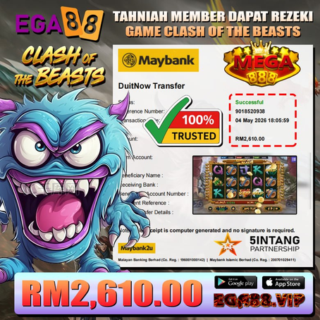 EGA88 Clash of the Beasts slot promotion showing RM2610 winnings with Mega888 trusted online casino gameplay
