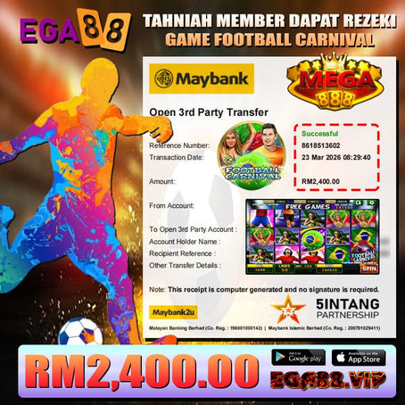 βPlayer wins RM2400 playing Football Carnival slot game on EGA88 with colorful football themed gameplay and big win celebration.β