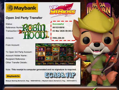 EGA88 VIP member wins RM2,200 playing Robin Hood online slot game with successful transaction confirmation displayed