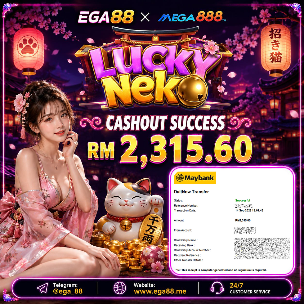 Lucky Neko online slot promotion featuring a lucky cat theme, Japanese-inspired design, and RM2,315.60 cashout success