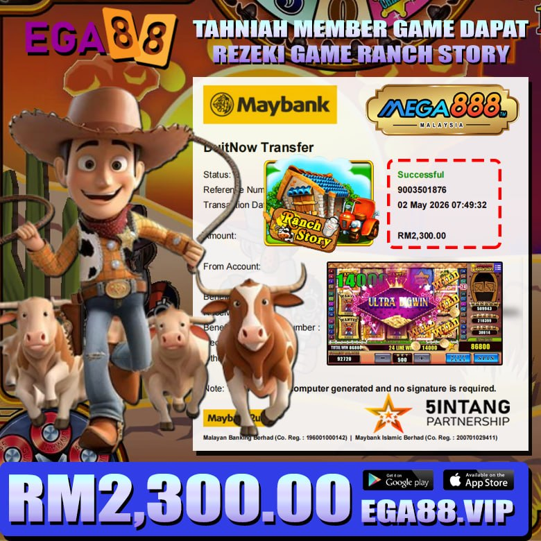Player wins RM2300 on Ranch Story slot game with bonus spins and multiplier features on EGA88 platform