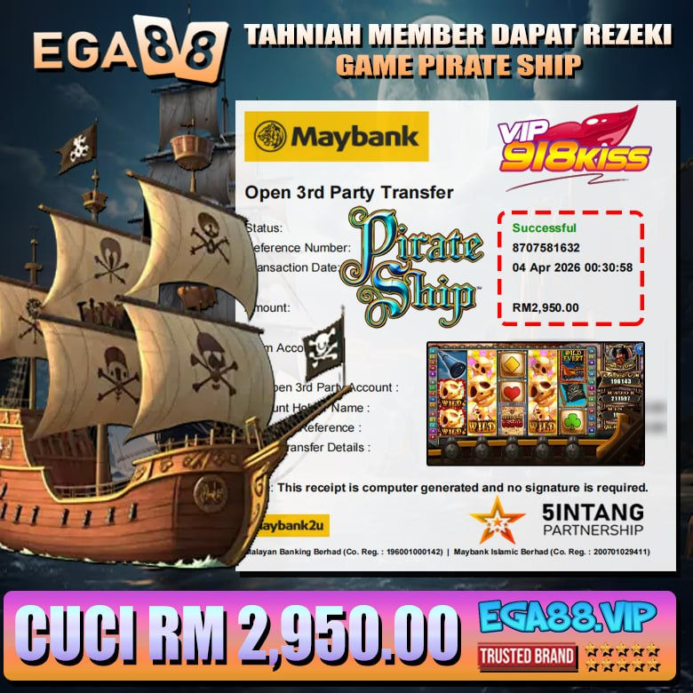 Pirate Ship slot game big win RM2950 jackpot screenshot with gameplay and win result