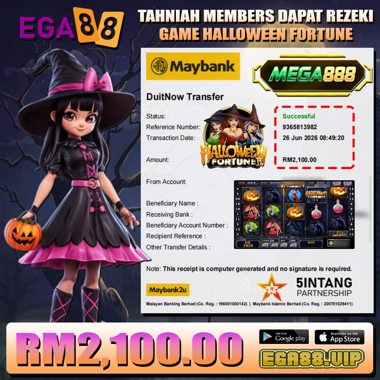 Halloween Fortune slot game winner celebrates an RM2,100 win at EGA88 online gaming platform.