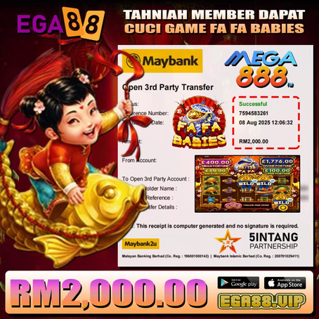 ⭐️TAHNIAH MEMBER EGA88 CUCI DALAM GAME MEGA888 RM2000.00⭐️
