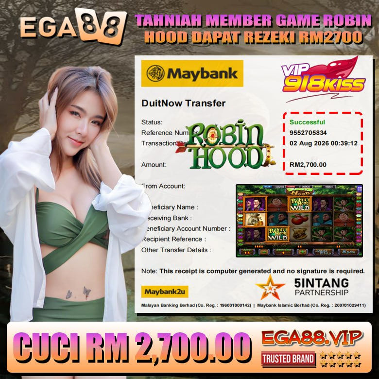 EGA88 VIP member wins RM2,700 playing the Robin Hood slot game