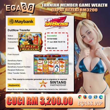 Lucky EGA88 member wins RM3,200 playing Wealth’s Treasure slot game with treasure-themed symbols and bonus features.