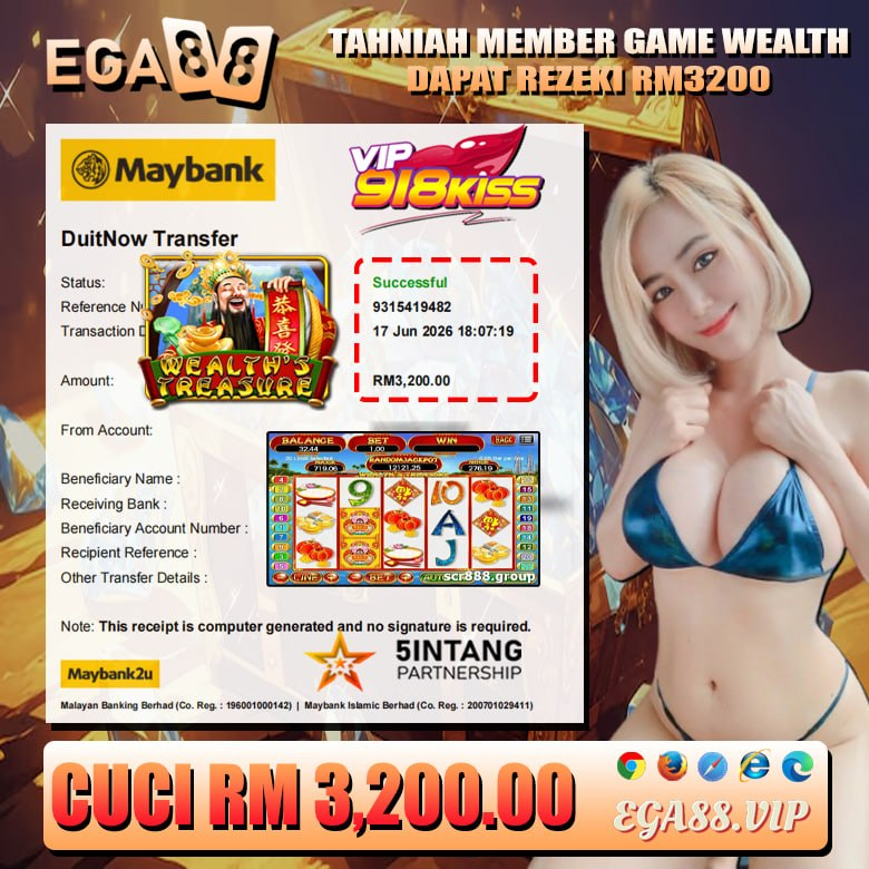 Lucky EGA88 member wins RM3,200 playing Wealth’s Treasure slot game with treasure-themed symbols and bonus features.