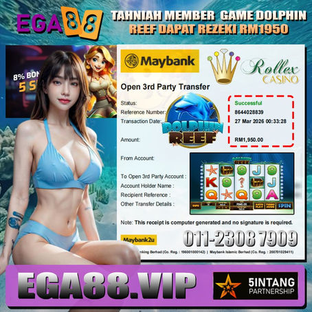EGA88 player wins RM1950 on Dolphin Reef slot game with successful payout proof