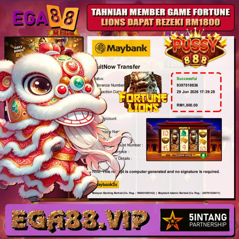 Player celebrates RM1800 reward from Fortune Lions themed online game featuring a festive lion dance character, colorful symbols, and an engaging game interface.