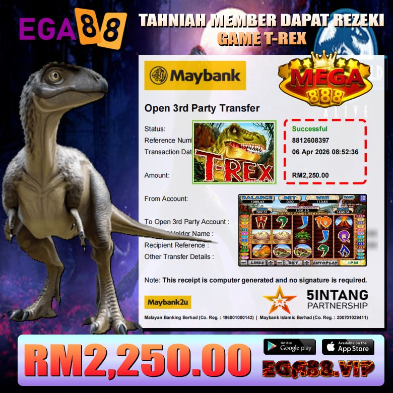 “EGA88 T-Rex slot big win RM2250 payout screenshot and gameplay”
