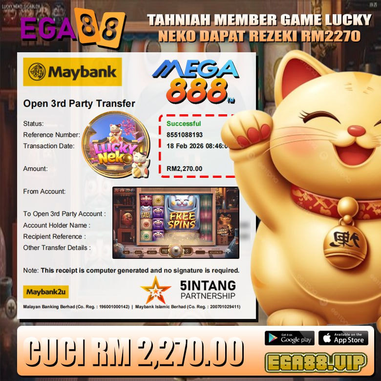 EGA88 Lucky Neko slot game member wins RM2270 with successful payout and free spins feature