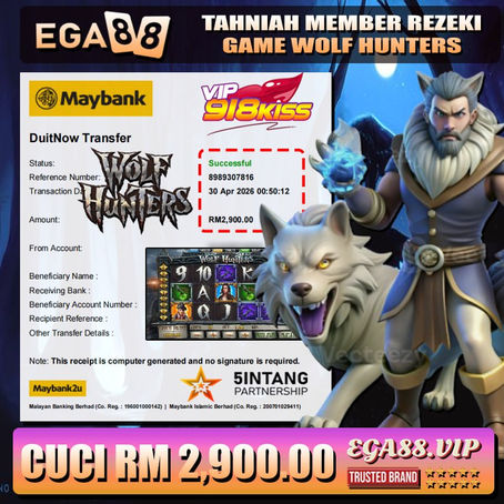 Player wins RM2900 from Wolf Hunters slot game with successful DuitNow transfer via EGA88 VIP platform