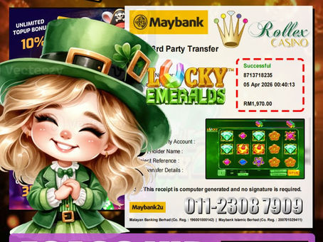 Lucky Emeralds slot big win RM1970 celebration with jackpot screen and game interface