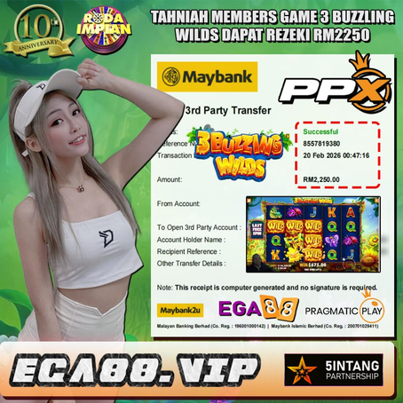 Member wins RM2250 playing 3 Buzzling Wilds slot game with wild symbol combinations and winning screen displayed.