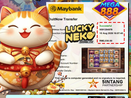 Lucky Neko online slot game featuring a RM2,030 winning moment and colorful cat-themed graphics.